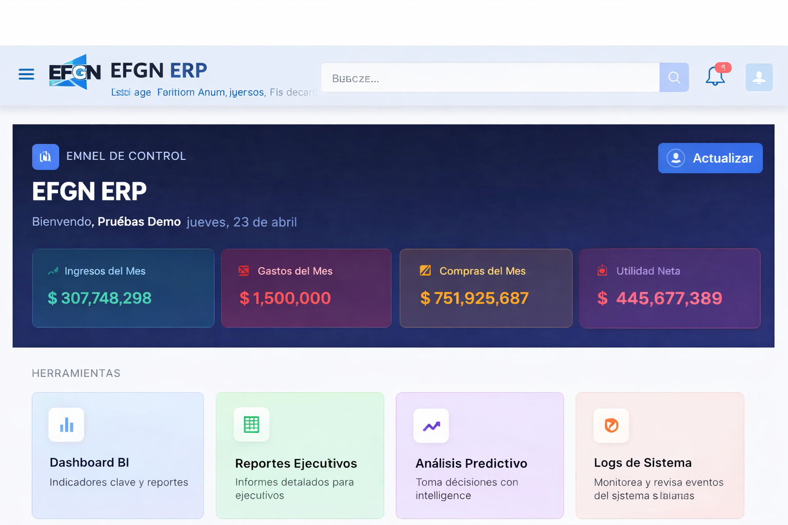 Vista conceptual del dashboard de EFGN ERP