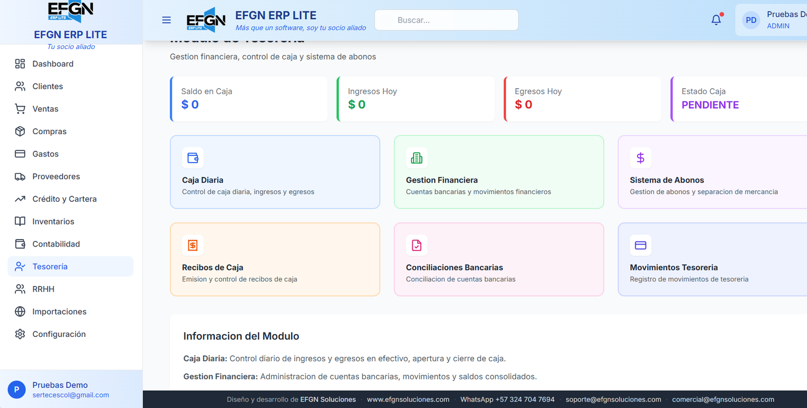 Módulo de Tesorería EFGN ERP LITE