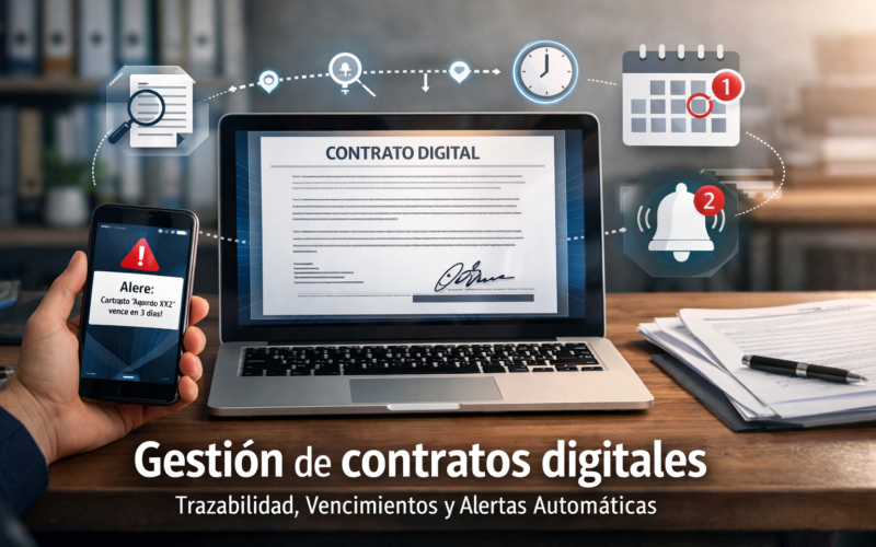 vas a crear un imegen para post de wordpress realista de Gestión de contratos digitales: trazabilidad, vencimientos y alertas automáticas